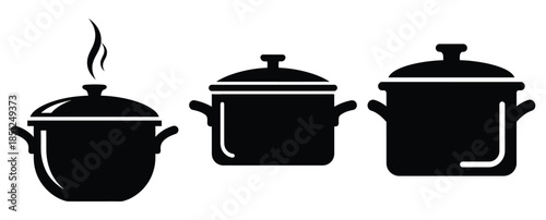Black silhouette healthy cooking pot modern vector icon set on transparent background