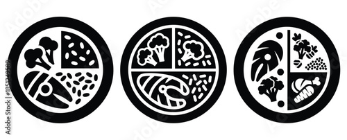 Black silhouette healthy dinner plate modern vector icon set on transparent background