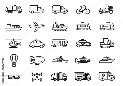 Various transportation icons in a grid layout, showcasing different vehicles and modes of transport in a simple line art style.