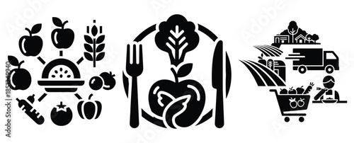 Black silhouette healthy food system modern vector icon set on transparent background