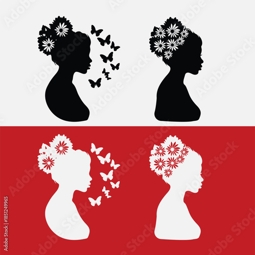 Contrasting silhouettes of loving couples with floral hair and butterflies