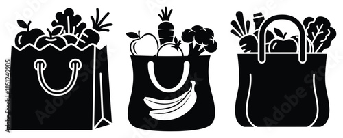 Black silhouette healthy grocery bag modern vector icon set on transparent background
