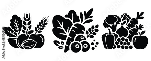 Black silhouette healthy ingredients mix modern vector icon set on transparent background