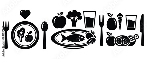 Black silhouette healthy nutrition routine modern vector icon set on transparent background