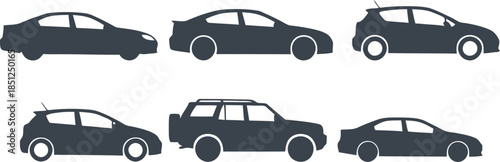 Six vehicle silhouettes in different angles and styles