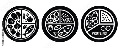 Black silhouette healthy plate portions modern vector icon set on transparent background
