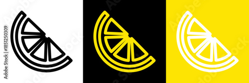 Lemon slice icon in outline style. Minimal line vector illustration of lemon wedge with clean hand drawn contour. Citrus food symbol isolated on white, black and yellow backgrounds.