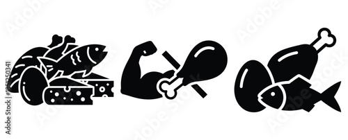 Black silhouette high protein diet modern vector icon set on transparent background