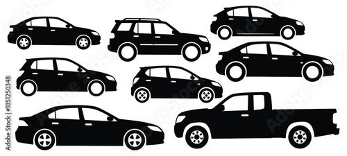 Collection of various cars and a truck in black silhouette