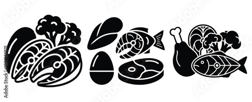 Black silhouette lean protein food modern vector icon set on transparent background