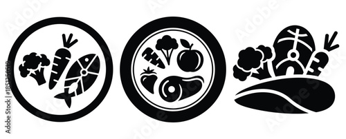 Black silhouette low calorie meal modern vector icon set on transparent background