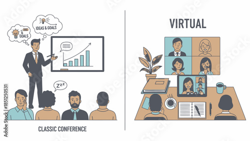 Classic vs Virtual Conference Meeting Presentation with Business People
