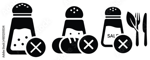 Black silhouette low sodium food modern vector icon set on transparent background