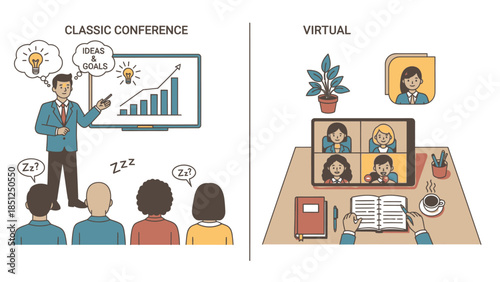 Conference presentation, virtual meeting versus physical meeting presentation illustration