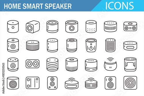 Smart speaker outline icon set with voice assistant devices, wireless audio speakers, and smart home technology symbols for UI, mobile apps, web design, and interfaces