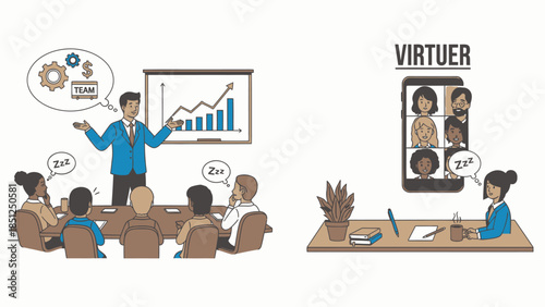 Cartoon style showing boring office meeting and an engaging online meeting