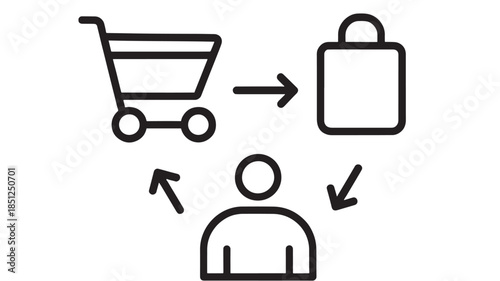 Shopping cart to bag transfer with person arrows on transparent background silhouette