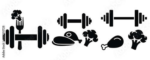 Black silhouette muscle gain diet modern vector icon set on transparent background