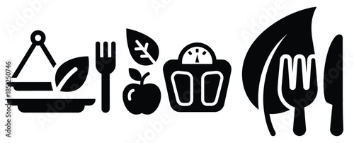 Black silhouette natural diet program modern vector icon set on transparent background