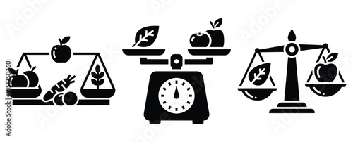 Black silhouette natural food balance modern vector icon set on transparent background