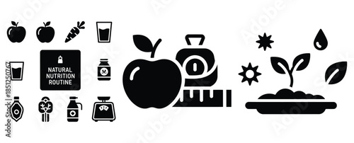 Black silhouette natural nutrition routine modern vector icon set on transparent background