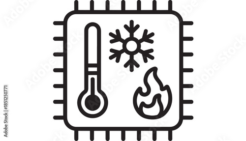 Microchip with temperature flame and snowflake icons on transparent background silhouette