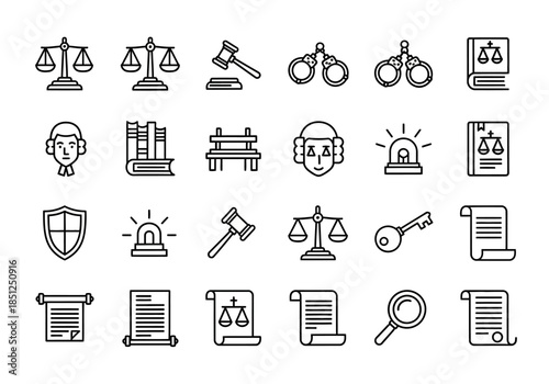 Collection of simple line icons representing law and justice symbols on a white background