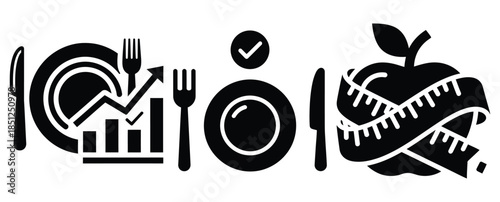 Black silhouette nutrition goal setting modern vector icon set on transparent background