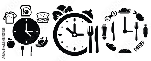 Black silhouette nutrition meal clock modern vector icon set on transparent background