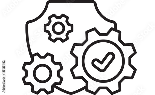 Security shield with gears and checkmark linear design on transparent background silhouette