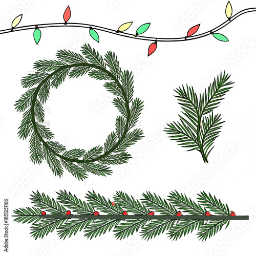 christmas frame with fir branches and berries