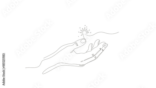 Minimalist Line Art: Hands Offering and Receiving a Spark of Life and Connection