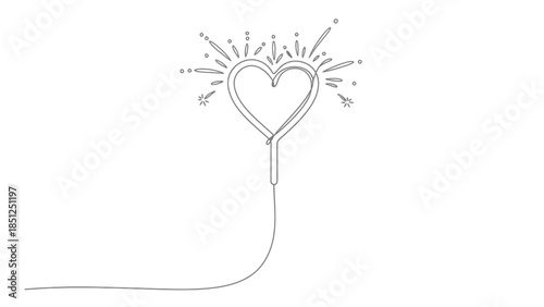 Continuous Line Drawing of Heart Sparkler, Love Celebration Minimalist Art