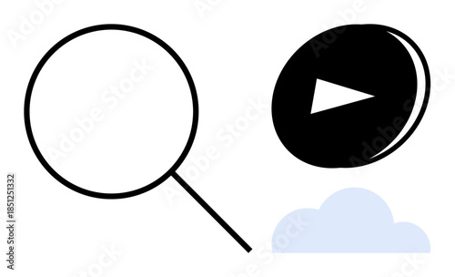 Search, online media, data storage, accessibility, technology integration, innovation. Magnifying glass, play button and cloud symbol. Search and online media concepts with a focus on modern