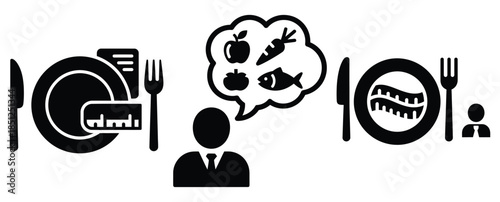 Black silhouette personalized diet plan modern vector icon set on transparent background