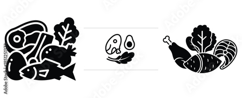 Black silhouette paleo food icon modern vector icon set on transparent background