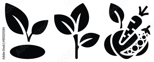 Black silhouette plant based nutrition modern vector icon set on transparent background