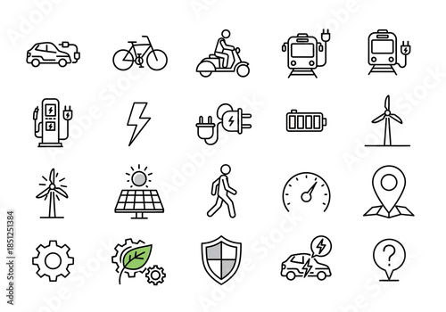 Sustainable Energy Icons Representing Renewable Resources and Eco-Friendly Technology in Modern Illustrations