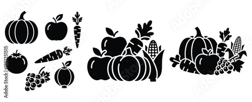 Black silhouette seasonal produce icon modern vector icon set on transparent background