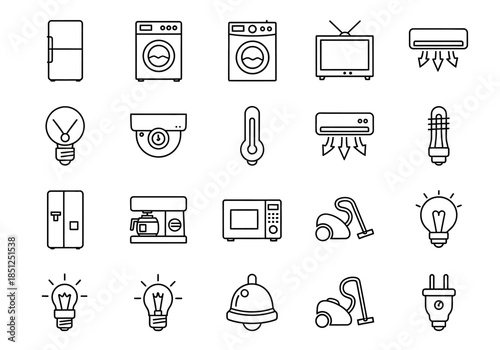 Collection of various household appliances and electronics icons in a minimalist line art style on a white background