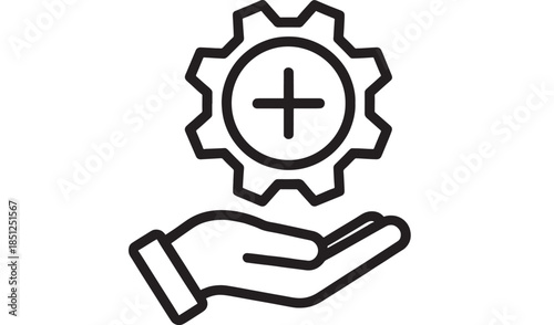 Hand holding gear with plus sign modern design on transparent background silhouette