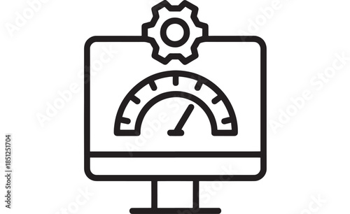 Monitor with speed meter and gear black line icon on transparent background silhouette