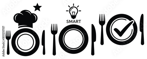 Black silhouette smart meal choice modern vector icon set on transparent background