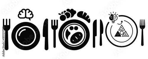 Black silhouette smart meal nutrition modern vector icon set on transparent background