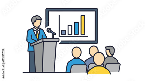 Business presentation with a speaker at a podium addressing an audience in a meeting