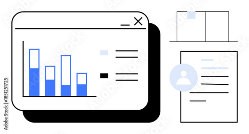 Data analysis, business reports, user management, productivity tools, digital workflow, metrics tracking. Bar chart, profile icon and documents. Data analysis and business reports concept