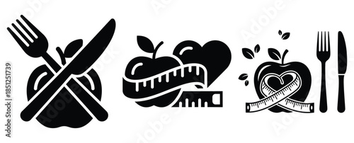 Black silhouette smart nutrition lifestyle modern vector icon set on transparent background