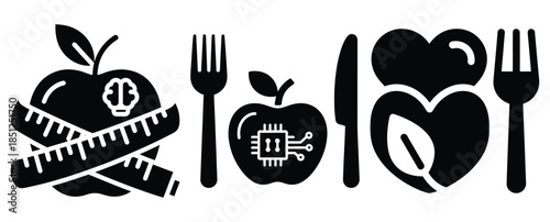Black silhouette smart wellness diet modern vector icon set on transparent background