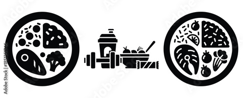 Black silhouette sports nutrition meal modern vector icon set on transparent background