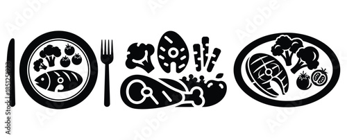 Black silhouette weight loss meal modern vector icon set on transparent background